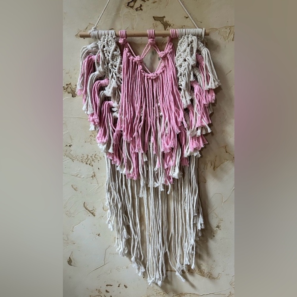 Boho Macramé Wall Hanging Pink White Yarn Crochet Wall Decor Nursery She Shed